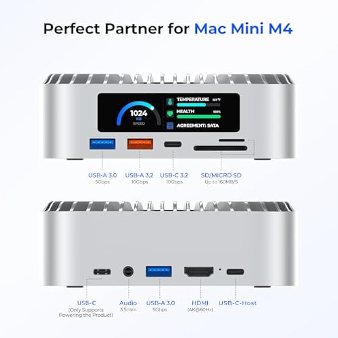 rayihni ALL-IN-ONE DOCK FOR MAC MINI M4 WITH SMART DISPLAYS, NVME/SATA SSD ENCLOSURE, 4K60HZ HDMI, 10G USB-A/C, 5G USB-A*2, USB-C CHARGING, SD/TF, AUDIO Â€“ MAC MINI M4 HUB &DOCKING STATION(2024) - Image 2