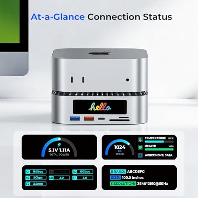 rayihni ALL-IN-ONE DOCK FOR MAC MINI M4 WITH SMART DISPLAYS, NVME/SATA SSD ENCLOSURE, 4K60HZ HDMI, 10G USB-A/C, 5G USB-A*2, USB-C CHARGING, SD/TF, AUDIO Â€“ MAC MINI M4 HUB &DOCKING STATION(2024) - Image 3