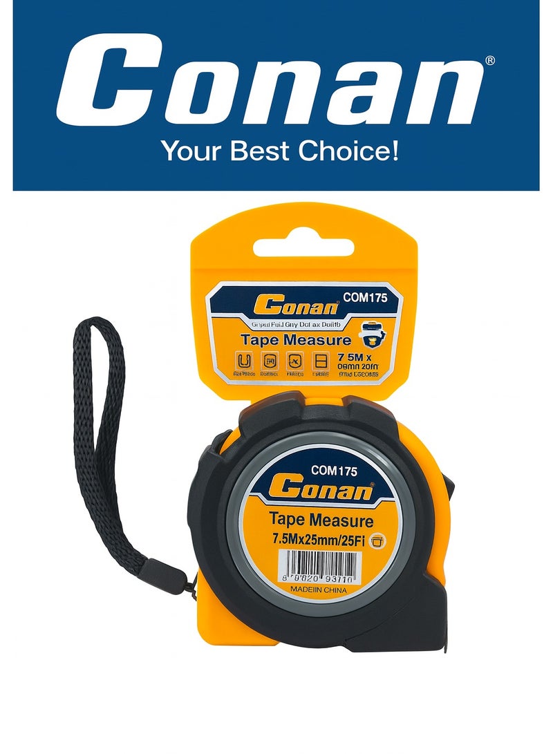 كونان متر قياس كونان 7.5 متر × 25 مم – طرف خطاف مغناطيسي مزدوج + إيقاف تلقائي عند السحب (Auto-Stop Self-Locking) وغلاف مقوّى مع مشبك حزام/سير يد – مدى القياس حتى 25 قدم (25FT) – COM975 - Image 1