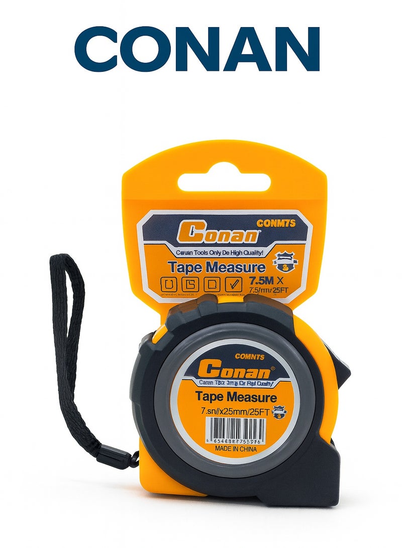 كونان متر قياس كونان 7.5 متر × 25 مم – طرف خطاف مغناطيسي مزدوج + إيقاف تلقائي عند السحب (Auto-Stop Self-Locking) وغلاف مقوّى مع مشبك حزام/سير يد – مدى القياس حتى 25 قدم (25FT) – COM975 - Image 2