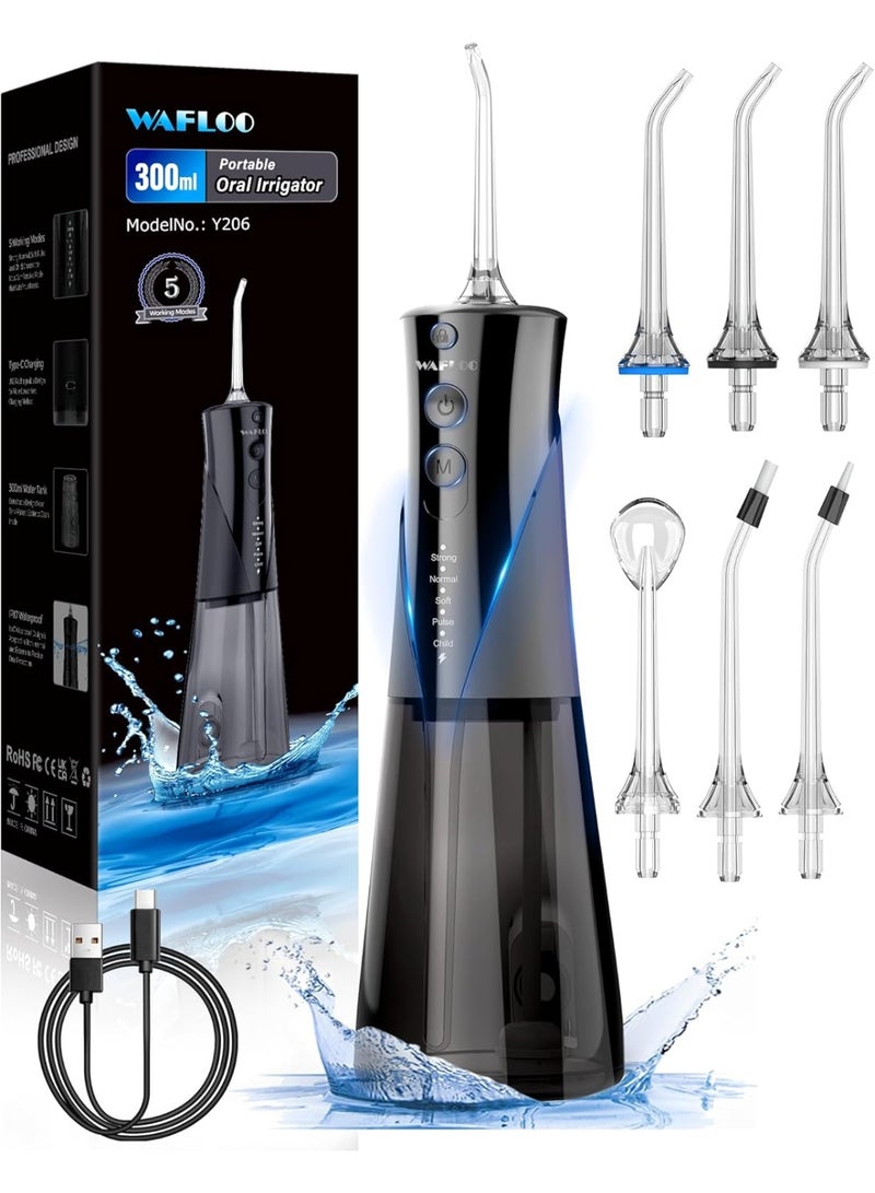 WAFLOO Cordless Water Flosser Dental Teeth Cleaner with 6 Flossing Tips, 5 Modes 300ML Larger Tank IPX7 Waterproof Portable Rechargeable Water Flosser Dental Oral Irrigator for Home and Travel, Black - Image 1