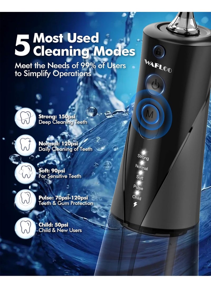 WAFLOO Cordless Water Flosser Dental Teeth Cleaner with 6 Flossing Tips, 5 Modes 300ML Larger Tank IPX7 Waterproof Portable Rechargeable Water Flosser Dental Oral Irrigator for Home and Travel, Black - Image 2