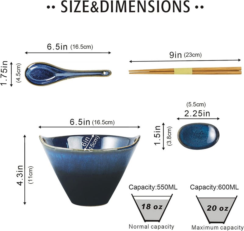 UNICASA Japanese Ramen Bowl Set with Chopsticks Spoons and Rests 20oz Deep Porcelain Noodle Bowl Set of 2 for Udon Pho Salad Soup Reactive Blue - Image 2
