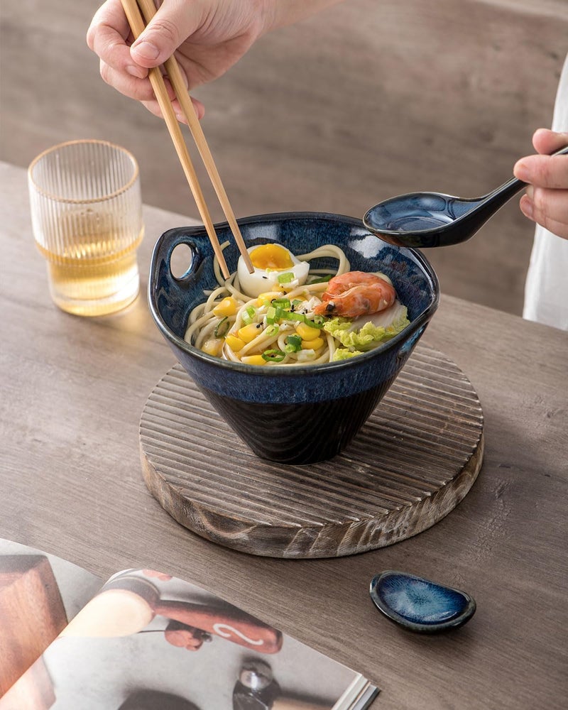 UNICASA Japanese Ramen Bowl Set with Chopsticks Spoons and Rests 20oz Deep Porcelain Noodle Bowl Set of 2 for Udon Pho Salad Soup Reactive Blue - Image 5