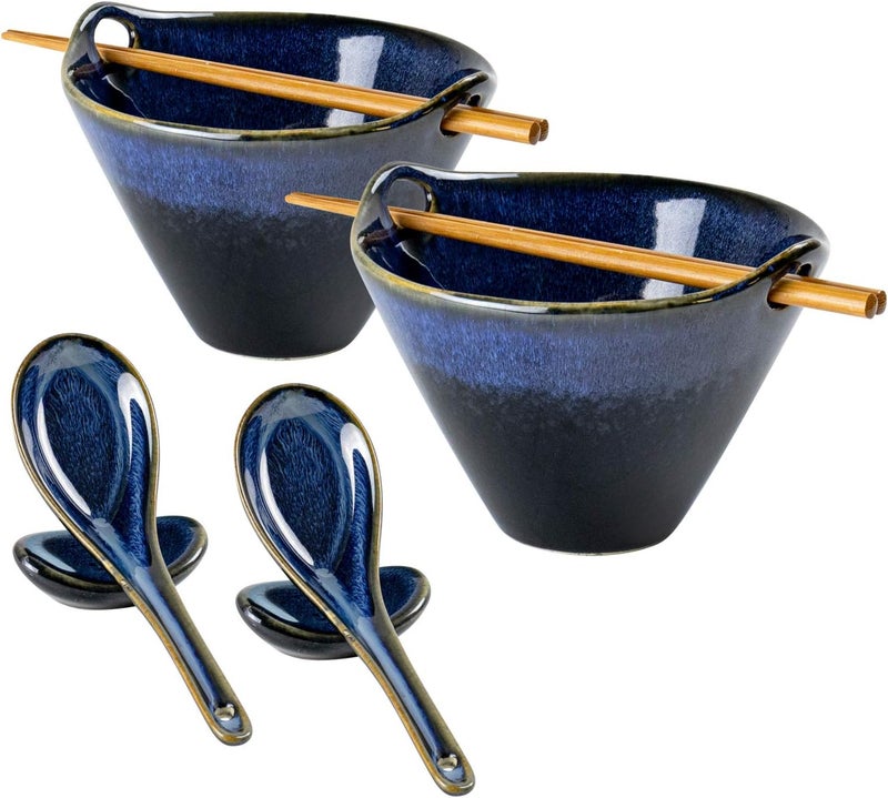 UNICASA Japanese Ramen Bowl Set with Chopsticks Spoons and Rests 20oz Deep Porcelain Noodle Bowl Set of 2 for Udon Pho Salad Soup Reactive Blue - Image 1