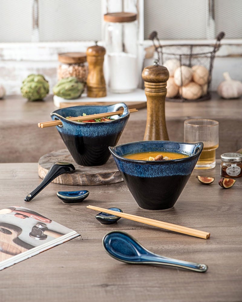 UNICASA Japanese Ramen Bowl Set with Chopsticks Spoons and Rests 20oz Deep Porcelain Noodle Bowl Set of 2 for Udon Pho Salad Soup Reactive Blue - Image 3