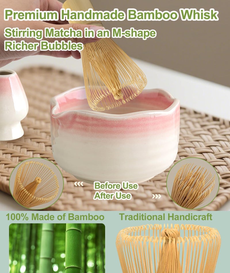 JBER Matcha Whisk Set, Ceramic Matcha Set Includes Bowl & Holder, Bamboo Whisk (Chasen), Sifter, Scoop, Spoon & Rest - 7PCS Matcha Kit Gift for Matcha Lovers & Beginners, Gradient Pink - Image 4