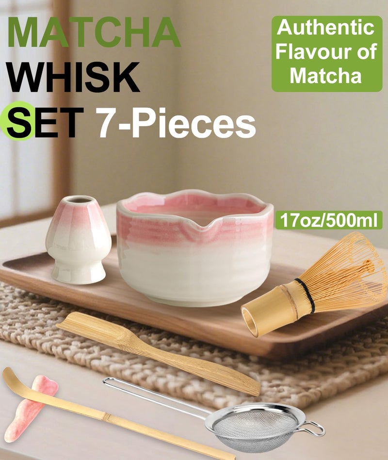 JBER Matcha Whisk Set, Ceramic Matcha Set Includes Bowl & Holder, Bamboo Whisk (Chasen), Sifter, Scoop, Spoon & Rest - 7PCS Matcha Kit Gift for Matcha Lovers & Beginners, Gradient Pink - Image 2