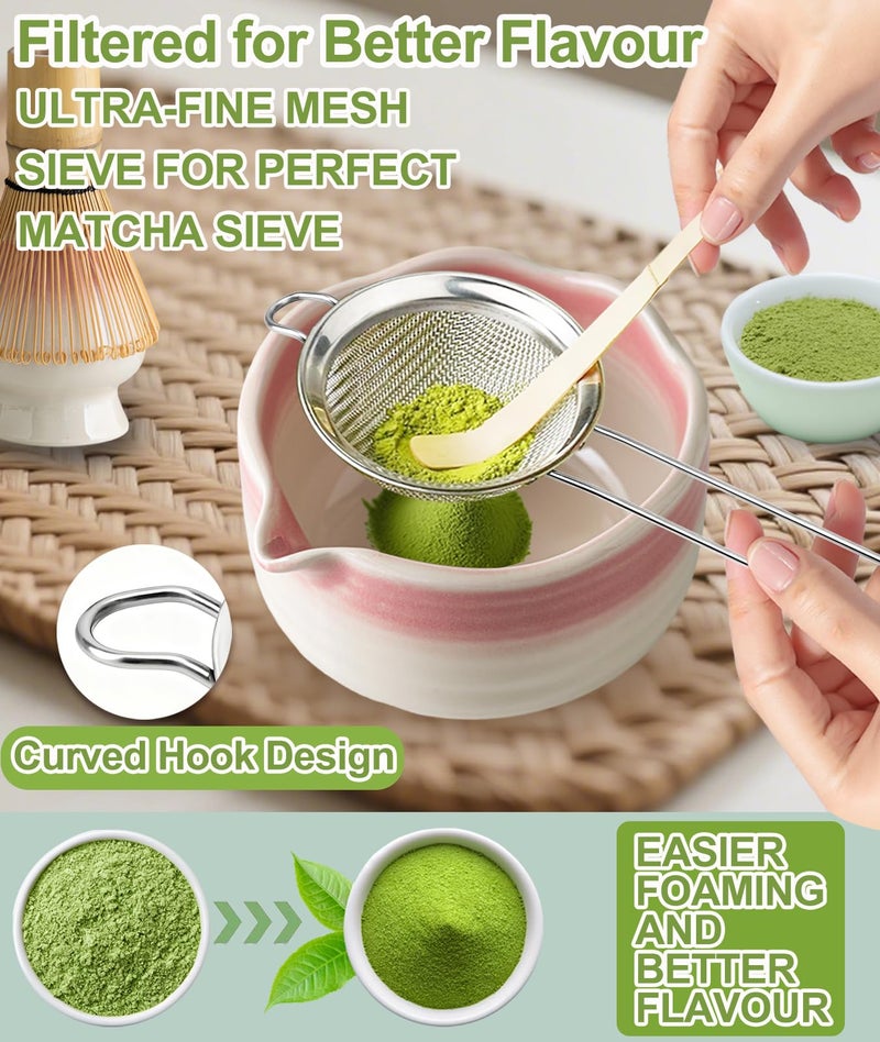 JBER Matcha Whisk Set, Ceramic Matcha Set Includes Bowl & Holder, Bamboo Whisk (Chasen), Sifter, Scoop, Spoon & Rest - 7PCS Matcha Kit Gift for Matcha Lovers & Beginners, Gradient Pink - Image 3