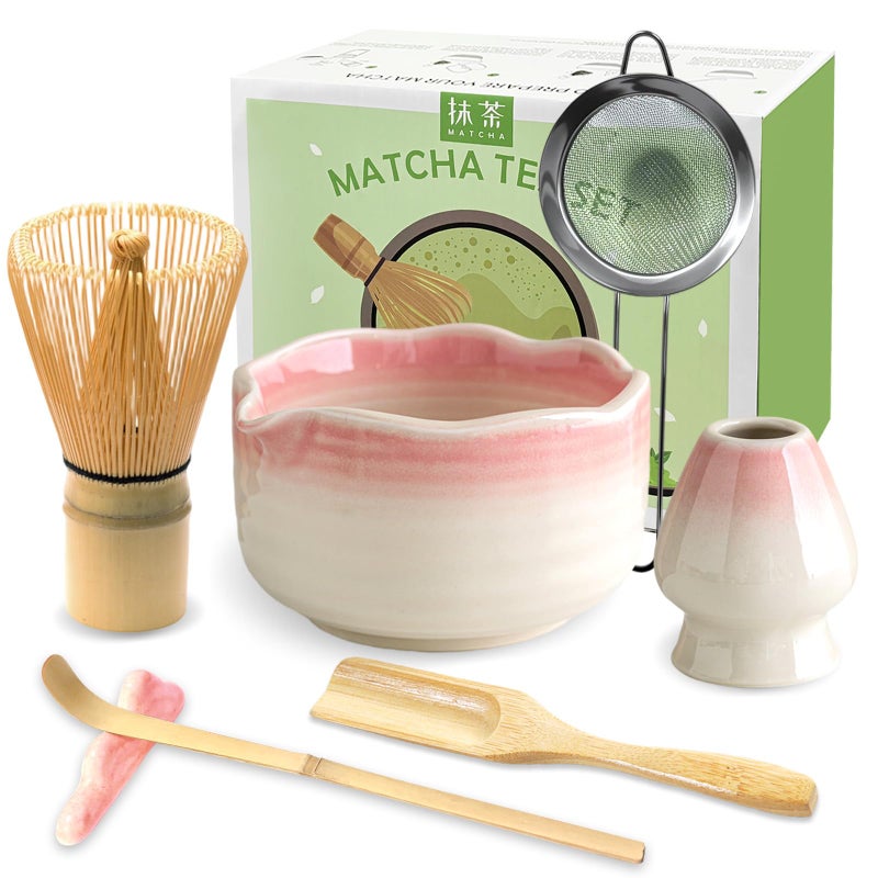 JBER Matcha Whisk Set, Ceramic Matcha Set Includes Bowl & Holder, Bamboo Whisk (Chasen), Sifter, Scoop, Spoon & Rest - 7PCS Matcha Kit Gift for Matcha Lovers & Beginners, Gradient Pink - Image 1