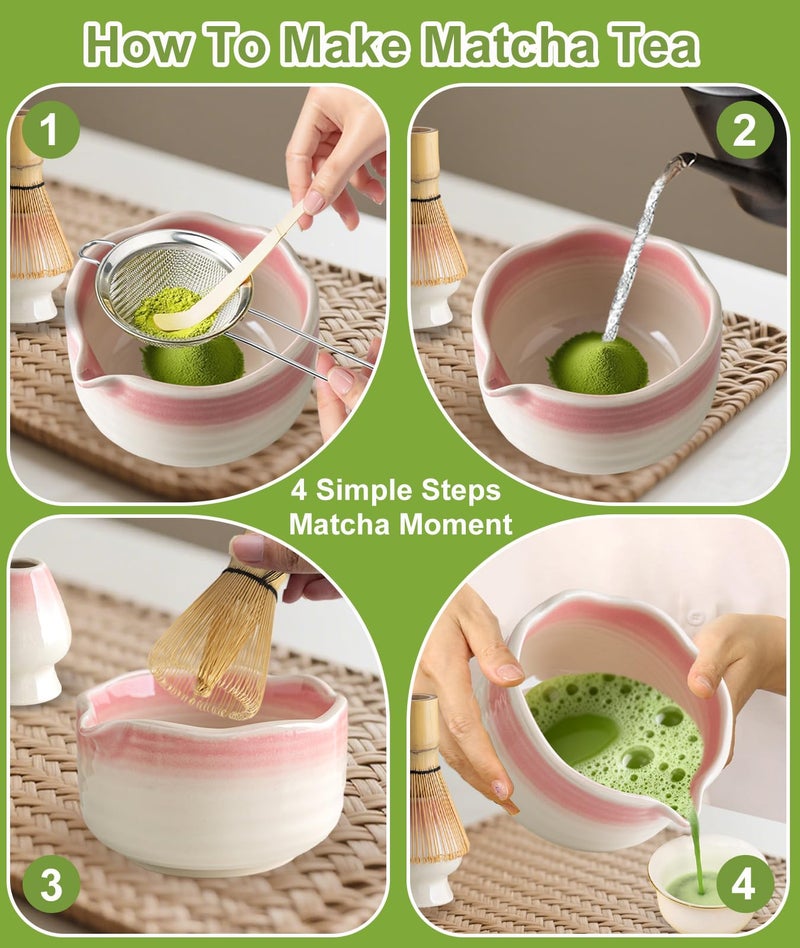 JBER Matcha Whisk Set, Ceramic Matcha Set Includes Bowl & Holder, Bamboo Whisk (Chasen), Sifter, Scoop, Spoon & Rest - 7PCS Matcha Kit Gift for Matcha Lovers & Beginners, Gradient Pink - Image 5