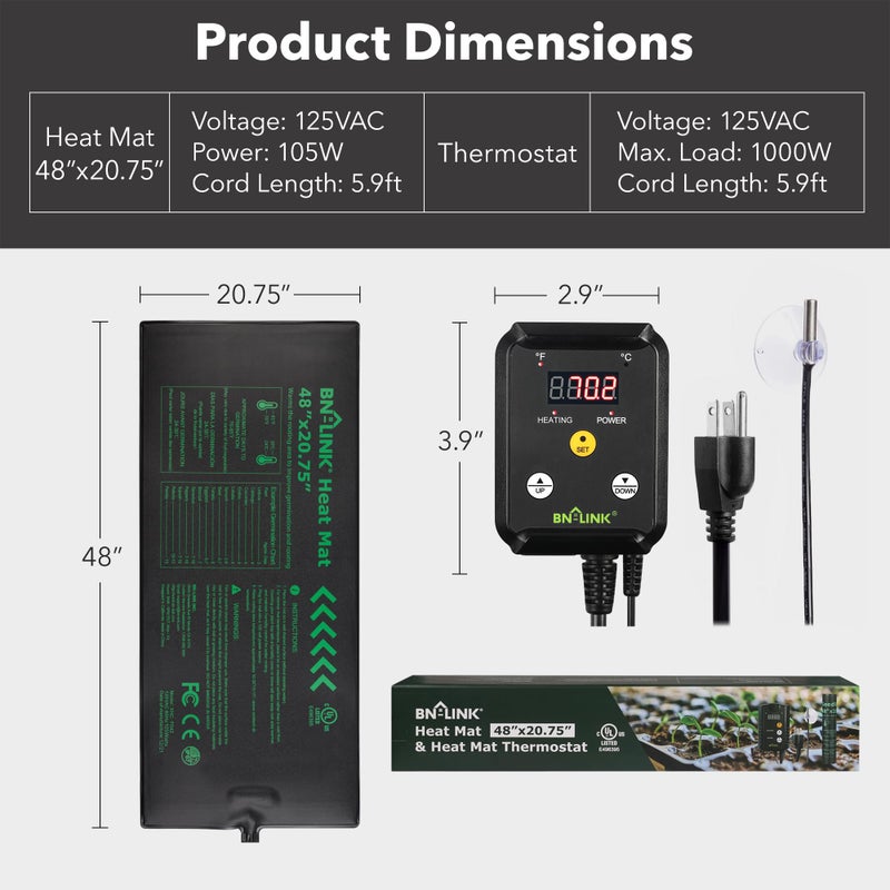 BN-LINK Seedling Heat Mat Heating Pad 48" x 20.75" with Digital Thermostat Controller Combo Set Waterproof for Indoor Seed Starting and Plant Germination - Image 2
