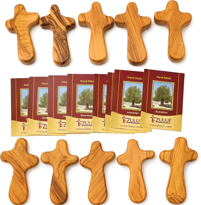 Zuluf Set of 10 Olive Wood Crosses from Bethlehem 42 107cm  Hand Held Cross  Pocket Cross for Men  Prayer Crosses to Hold  Wooden Prayer Item for Hand CRS101 - Image 1