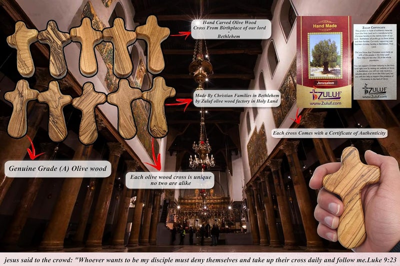 Zuluf Set of 10 Olive Wood Crosses from Bethlehem 42 107cm  Hand Held Cross  Pocket Cross for Men  Prayer Crosses to Hold  Wooden Prayer Item for Hand CRS101 - Image 3