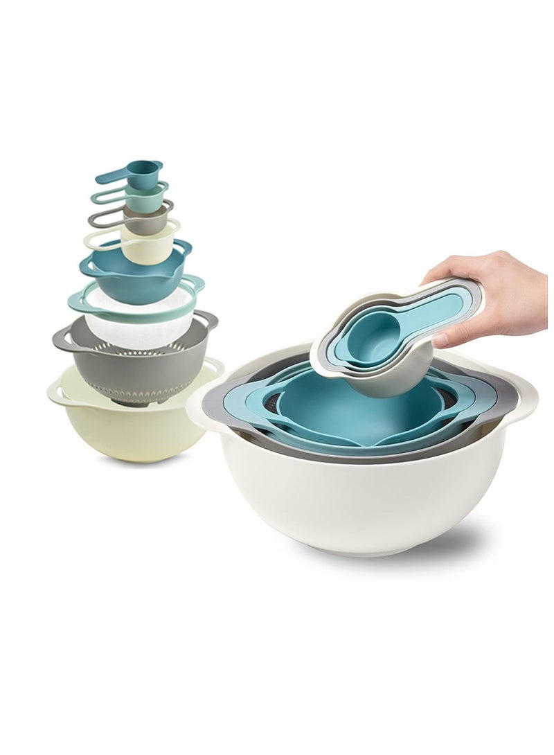 8PCS Nesting Mixing Bowl Set for Baking and Cooking 4 Measuring Cups with Handles 2 Mixing Bowls 1 Colander and 1 Sifter Kitchen Baking Gadgets Colourful - Image 1