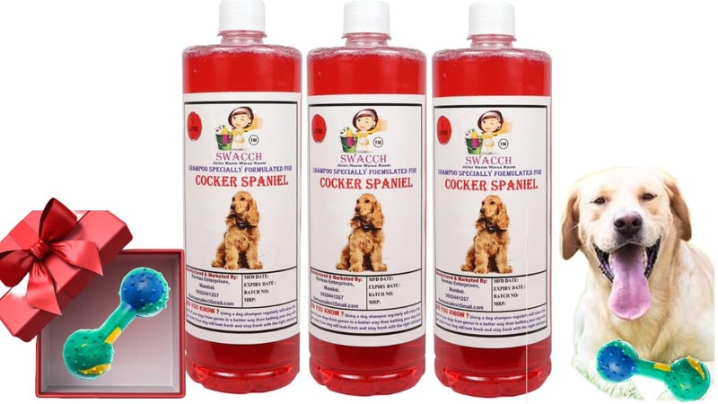 swacch Cocker Spaniel Dog Shampoo + Dumbbell Toy I Durable Rubber Dog Toy for Chewing I Playing,Teeth Cleaning & Training Toy I Combo Pack I 1 Litre Pack of 3 Jasmine - Image 1