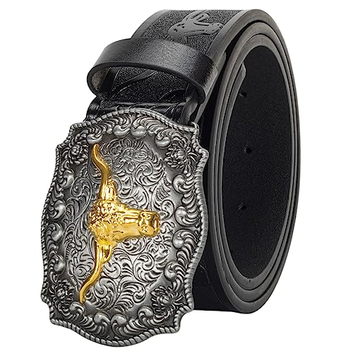 Mawjom Western Cowboy PU Leather Belt - Men Waist Strap Bull Decoration Floral Engraved for Jeans 35" to 38" Waist - Image 1
