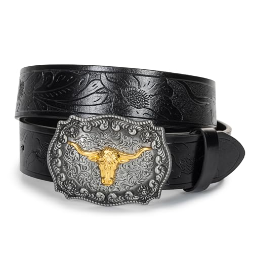 Mawjom Western Cowboy PU Leather Belt - Men Waist Strap Bull Decoration Floral Engraved for Jeans 35" to 38" Waist - Image 4