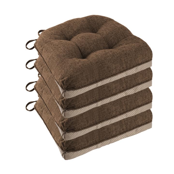 FlyGulls Non Slip Chair Cushions for Dining Chairs Set of 4 Kitchen Chair Cushions 18"x18"x3" Turfted Chair Pads Comfortable and Soft Seat Cushion with Ties, Coffee - Image 1