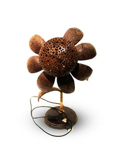 Antique Museum Thai Hand Made Coconut Shell Work-Table Lamp Sunflower Design  - Image 1