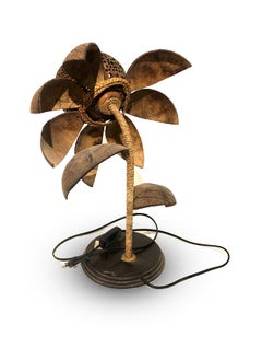 Antique Museum Thai Hand Made Coconut Shell Work-Table Lamp Sunflower Design  - Image 3