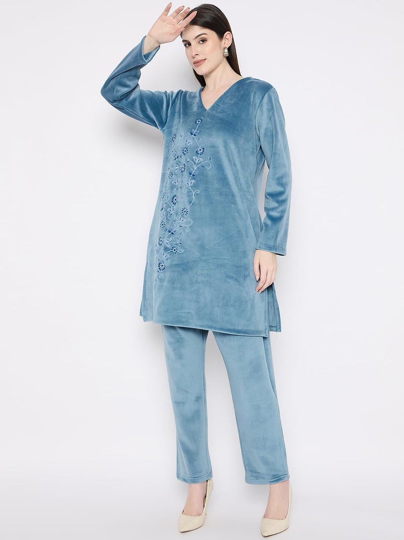 CAMEY Ladies Velvet Winter Embroidered Corduroy Kurti Set, Long Sleeves (in, Alpha, M, Teal) - Image 3