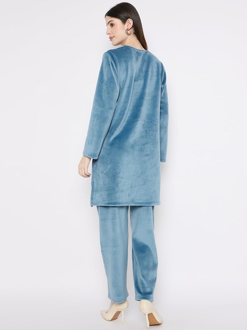 CAMEY Ladies Velvet Winter Embroidered Corduroy Kurti Set, Long Sleeves (in, Alpha, M, Teal) - Image 5