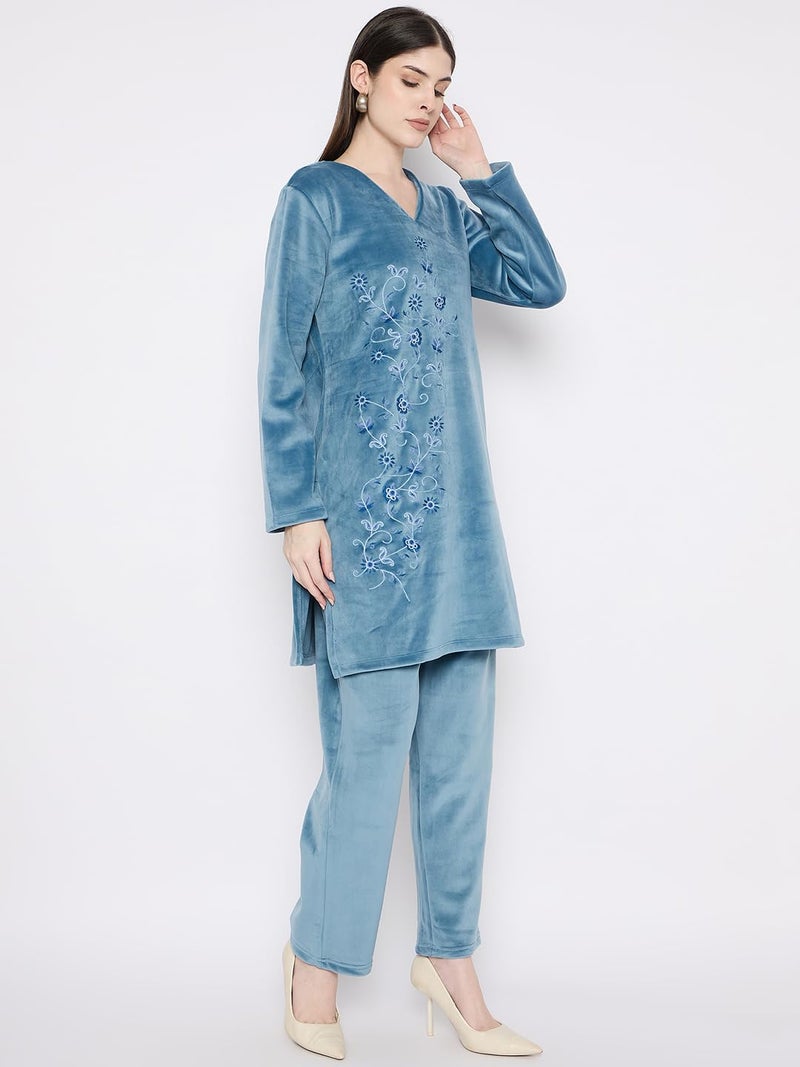 CAMEY Ladies Velvet Winter Embroidered Corduroy Kurti Set, Long Sleeves (in, Alpha, M, Teal) - Image 4
