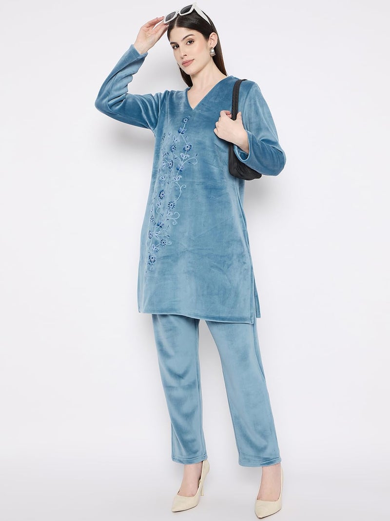 CAMEY Ladies Velvet Winter Embroidered Corduroy Kurti Set, Long Sleeves (in, Alpha, M, Teal) - Image 2