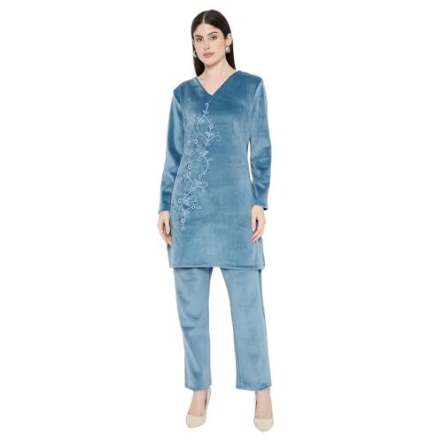 CAMEY Ladies Velvet Winter Embroidered Corduroy Kurti Set, Long Sleeves (in, Alpha, M, Teal) - Image 1