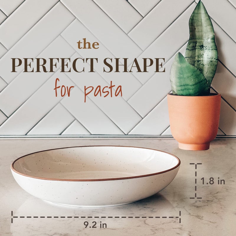 Mora Ceramic Large Pasta Bowls 30oz, Set of 4 - Serving, Salad, Dinner, etc Plate/Wide Bowl - Microwave, Oven, Dishwasher Safe Kitchen Dinnerware - Modern Porcelain Stoneware Dishes, Vanilla & Grey - Image 2