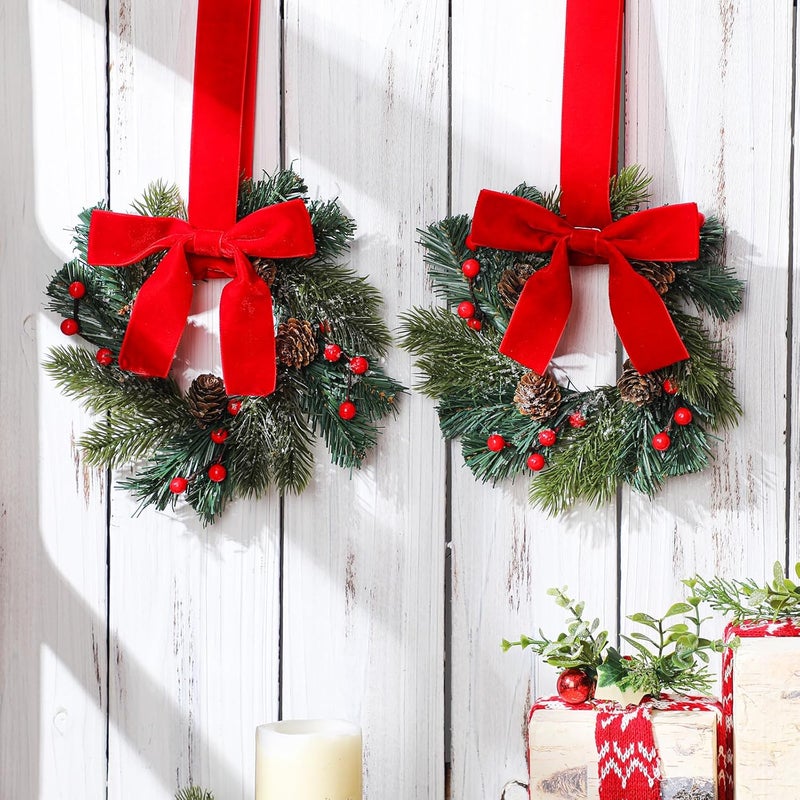 Knitgrip 8 Pcs Mini Christmas Wreaths for Cabinet Kitchen Windows Decors Bulk with Red Bow Small Artificial Norfolk Farmhouse Wreaths with Berry Pine Cone for Fireplace Front Door Porch Wall Hanging - Image 3