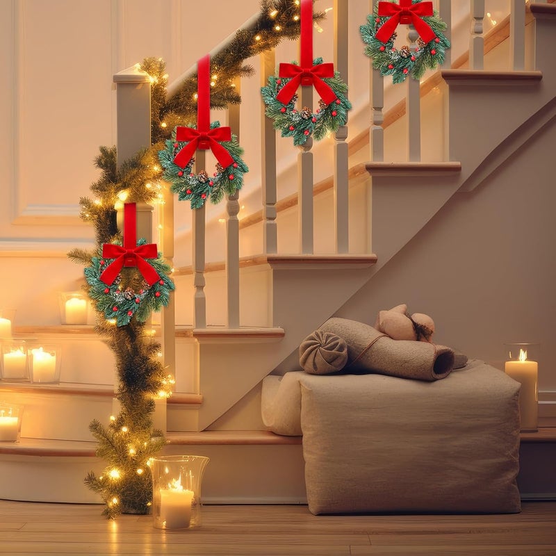 Knitgrip 8 Pcs Mini Christmas Wreaths for Cabinet Kitchen Windows Decors Bulk with Red Bow Small Artificial Norfolk Farmhouse Wreaths with Berry Pine Cone for Fireplace Front Door Porch Wall Hanging - Image 4