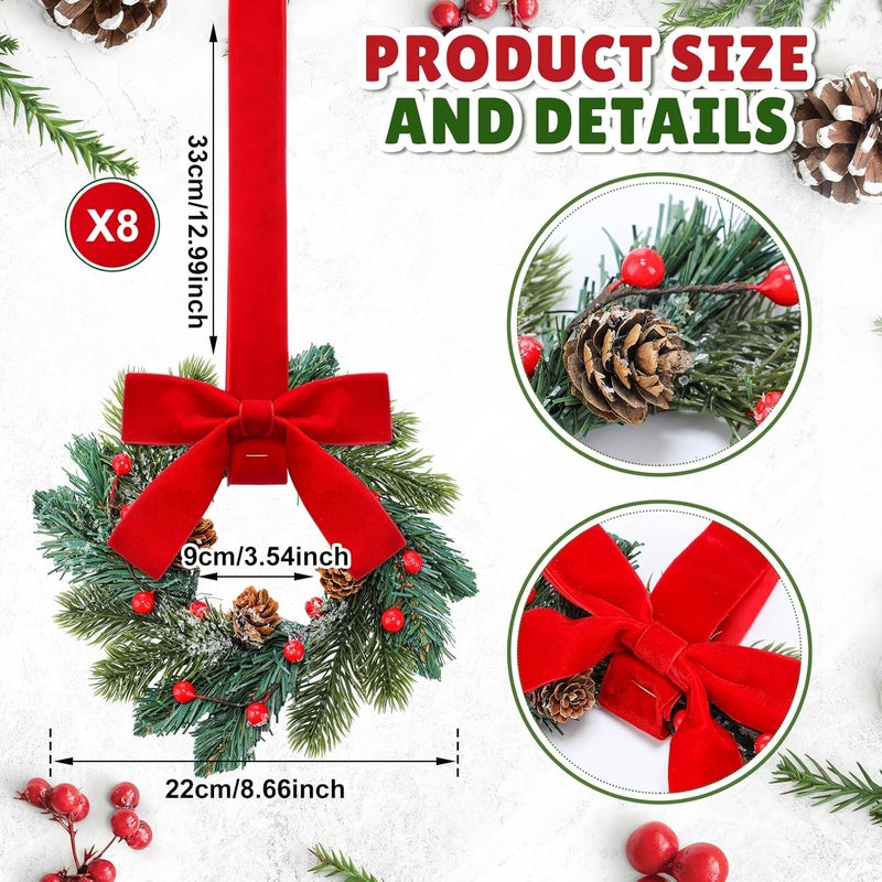 Knitgrip 8 Pcs Mini Christmas Wreaths for Cabinet Kitchen Windows Decors Bulk with Red Bow Small Artificial Norfolk Farmhouse Wreaths with Berry Pine Cone for Fireplace Front Door Porch Wall Hanging - Image 2