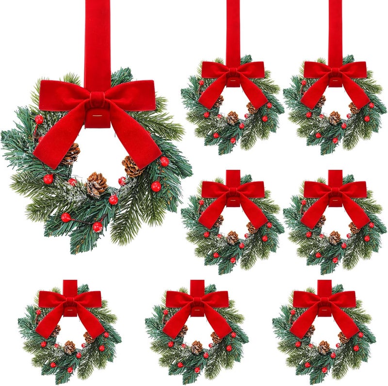 Knitgrip 8 Pcs Mini Christmas Wreaths for Cabinet Kitchen Windows Decors Bulk with Red Bow Small Artificial Norfolk Farmhouse Wreaths with Berry Pine Cone for Fireplace Front Door Porch Wall Hanging - Image 1