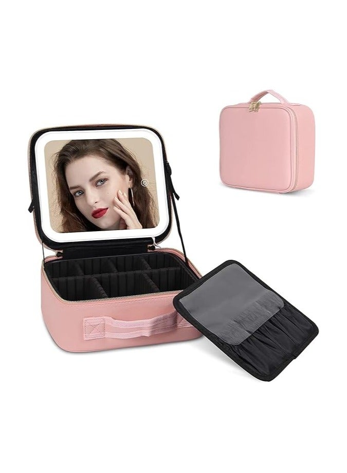 general Travel Makeup Bag with LED Lighted Mirror, Travel Makeup Train Case Organizer with light up mirror, 3 Color LED Light Portable Cosmetic Storage bag with Dividers - Image 1