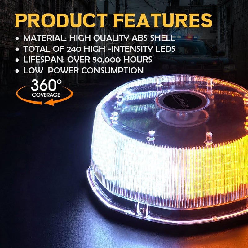 Xprite 240LED Rotating Beacon Light, Forklift Strobe Lights w/Magnetic Base for 12-24V Construction Truck Patrol Car Tractor Golf Carts-Amber&White - Image 2