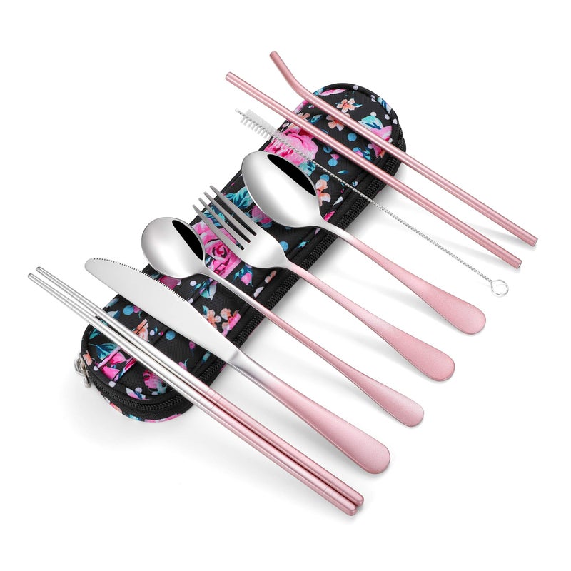 Travel UtensilsReusable Silverware Set To Go Portable Cutlery Set with a Waterproof Carrying Case for Lunch Boxes Workplace Camping Picnic GraPink