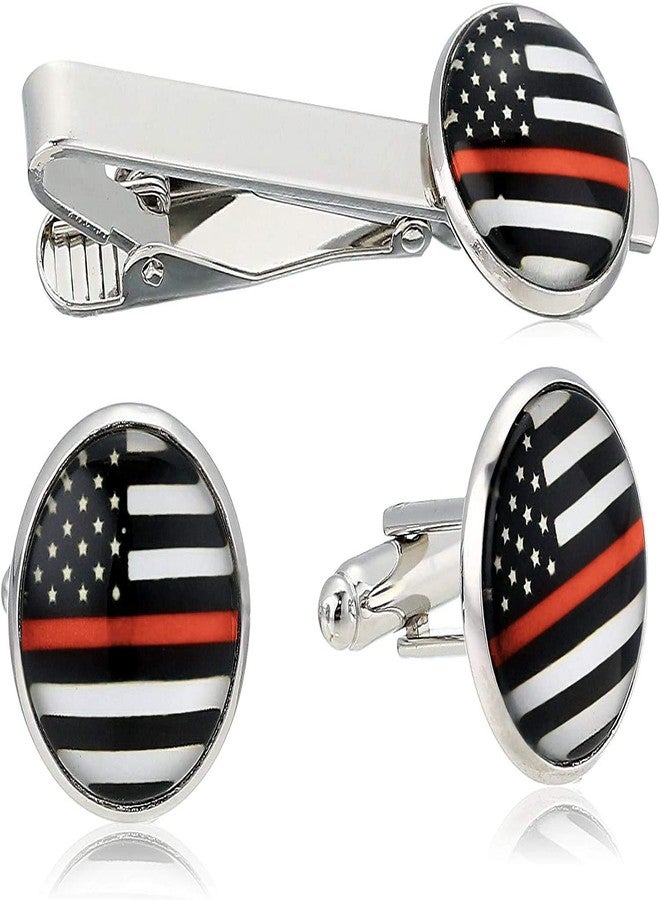 Great 1 Thin Red Line American Flag Tie Bar Clip and Cufflinks Set - Silver Colored Metal Plated - Luxury Clothing Accessories - Image 1