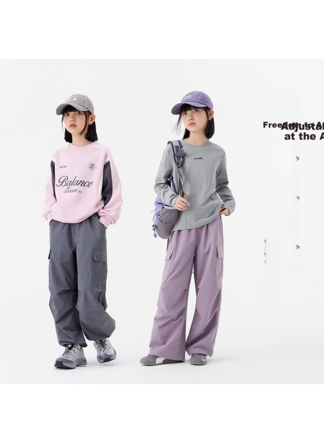 Zuoxi Girls' Pants, Autumn Workwear Trousers, New Style Children's Outdoor Wear-resistant Paratrooper Pants, Gray, Size 110 - Image 3