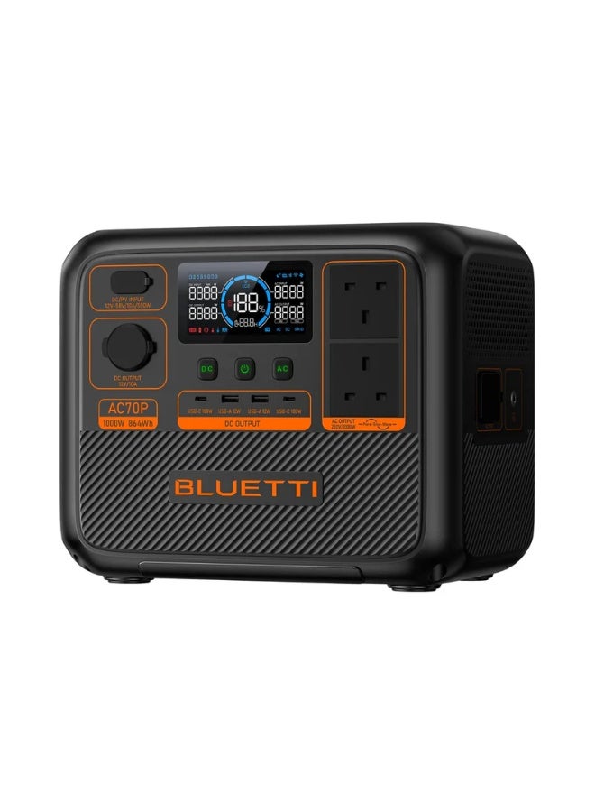 بلويتي محطة طاقة محمولة BLUETTI AC70P بقدرة 1000 واط، بطارية LiFePO4 بسعة 864 واط/ساعة، مولد طاقة شمسي سريع الشحن، باور بانك UPS للتخييم والطوارئ والاستخدام المنزلي - Image 2