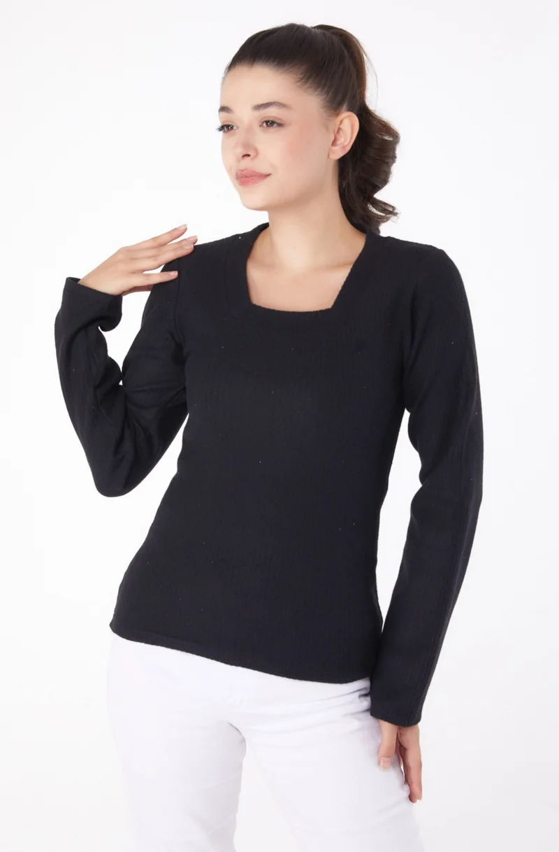 Tofisa Plain V Neck Women's Black Square Neck Bodysuit - 26214