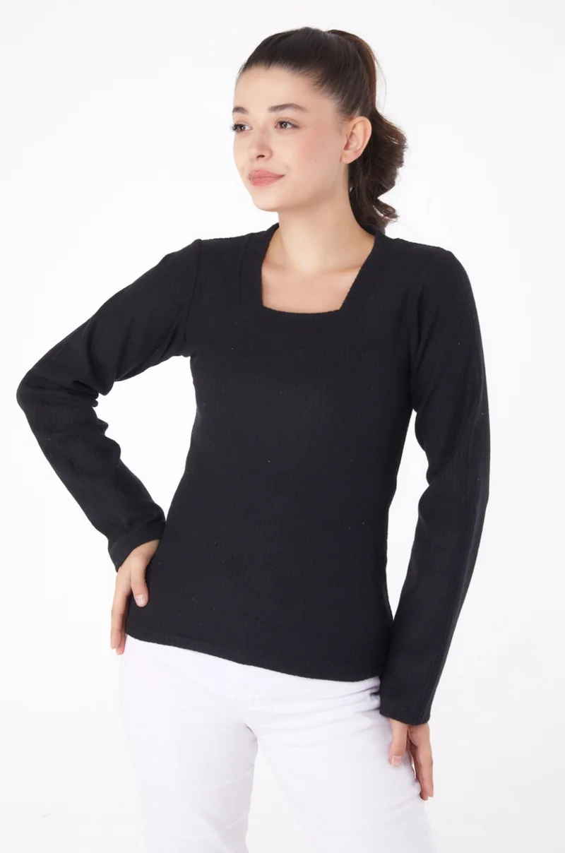 Tofisa Plain V Neck Women's Black Square Neck Bodysuit - 26214