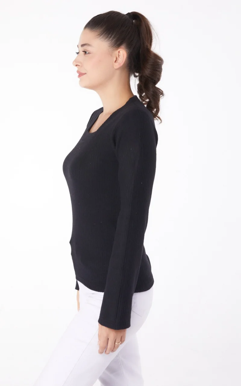 Tofisa Plain V Neck Women's Black Square Neck Bodysuit - 26214