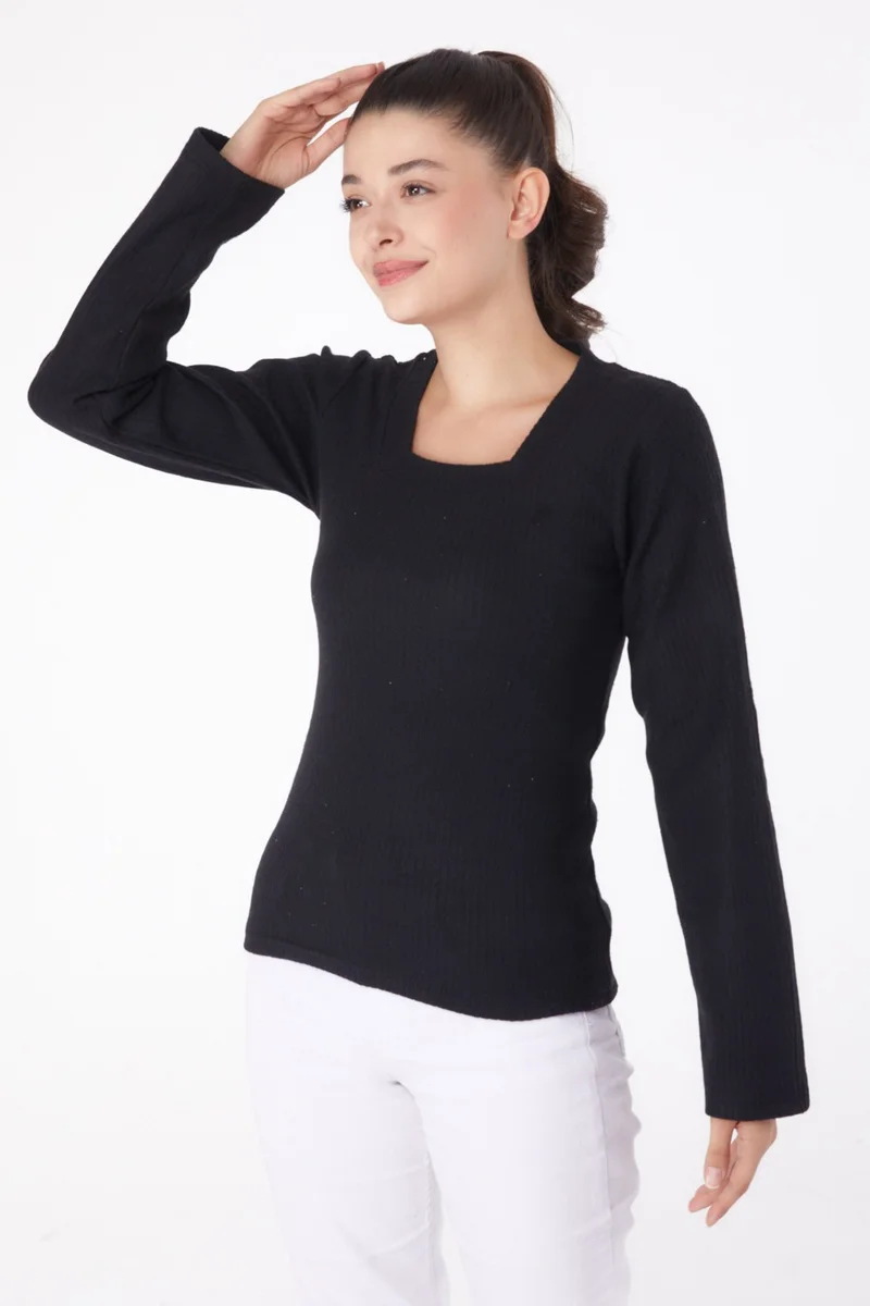 Tofisa Plain V Neck Women's Black Square Neck Bodysuit - 26214