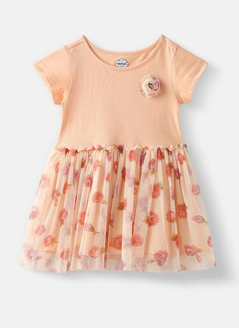 Nautinati Nautinati Girls’ Floral Printed Mesh Dress with Mesh Flower on Chest