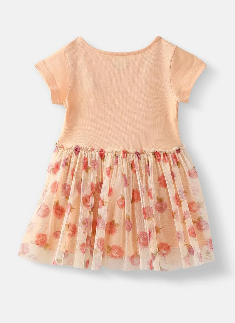 نوتيناتي Nautinati Girls’ Floral Printed Mesh Dress with Mesh Flower on Chest