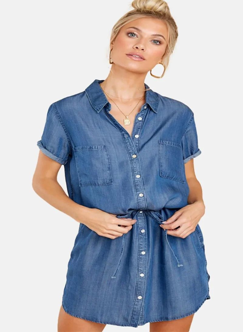 يونيكي Blue A-Line Collared Short Sleeve Dresses