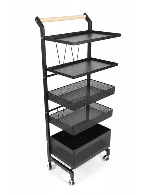 5 Tier Metal Rolling Utility Cart with Locking Wheels and Wooden Handle  Black Multipurpose Storage Organizer Shelf for Kitchen Bathroom Office and Laundry Room