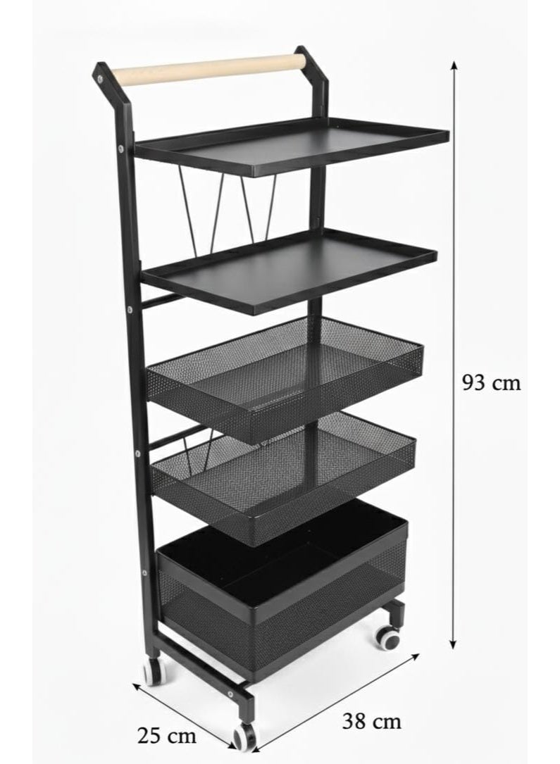 سبيس شوب عربة أدوات معدنية متحركة مكونة من 5 طبقات مع عجلات قابلة للقفل ومقبض خشبي  رف منظم للتخزين متعدد الأغراض باللون الأسود للمطبخ والحمام والمكتب وغرفة الغسيل - Image 2